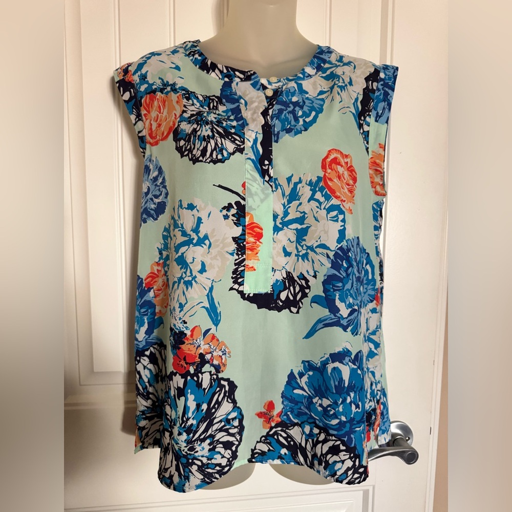 Women's J. Crew Bright Blue Coral Floral Sleeveless Blouse Top Sz 8